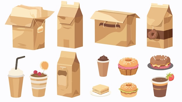 Vector delicious takeout food in ecofriendly paper boxes sustainable cardboard packaging for delivery meals