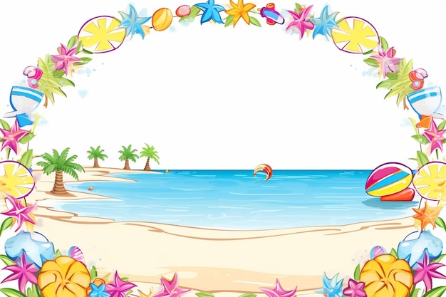 Delightful Cartoon Frame Border with Summer Beach and Water