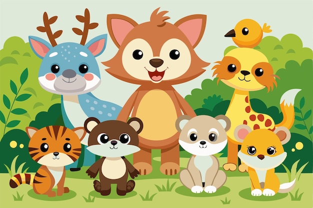 Vector a delightful group of cute cartoon animals gather together in a vibrant forest smiling and enjoying their playful time in nature