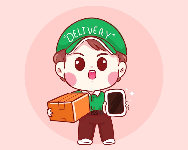 Delivery boy holding box and mobile cartoon art illustration    