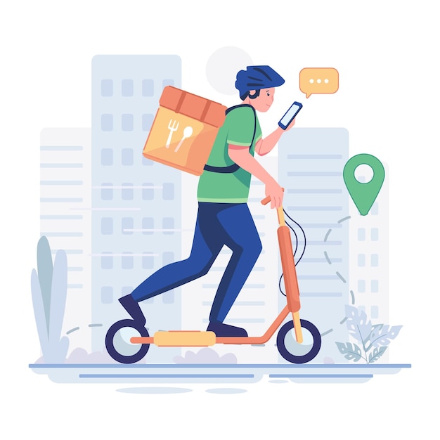 Vector the delivery courier is delivering a food order to the location address