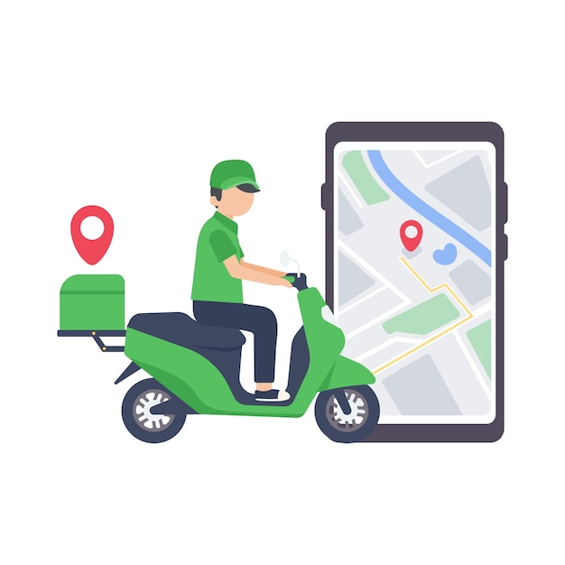 The delivery driver drives through a mobile phone with a map screen online food delivery concept