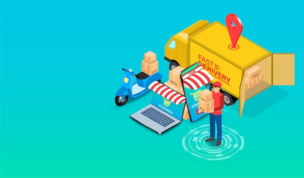 Delivery express by parcel delivery person with scooter and truck by E-Commerce system on Smartphone and computer. isometric flat design. illustration