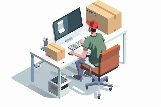 Vector delivery man sitting isometric illustration