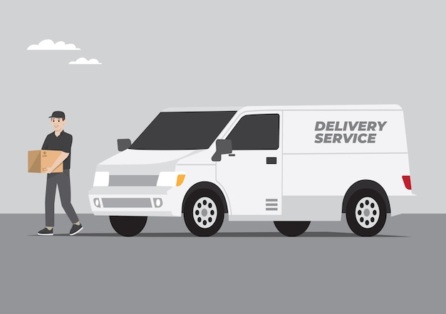 Vector delivery service man carry package box from vehicle van to customer