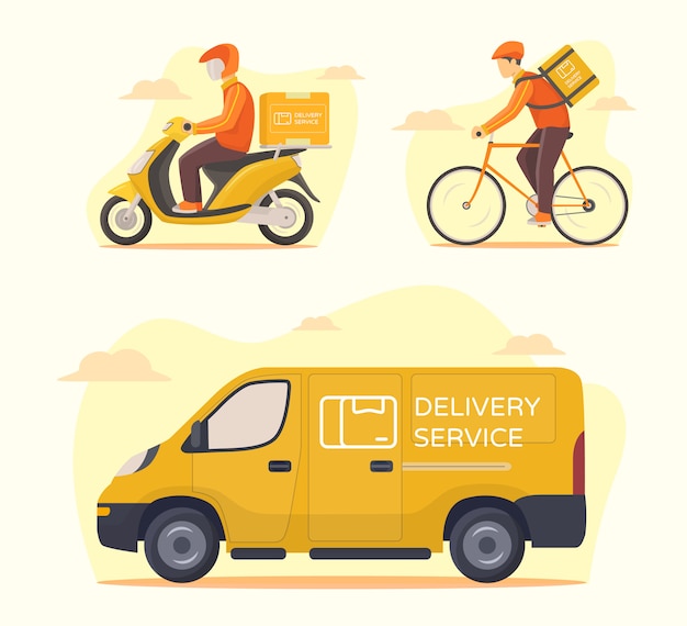 Delivery service transportation set courier riding motorcycle