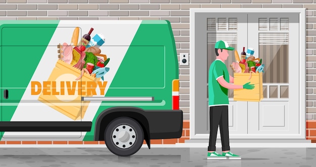 Delivery van full of food and courier Concept of fast grocery delivery service Supermarket cafe restaurant Groceries products bread meat milk fruit vegetable drinks Flat vector illustration