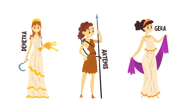 Vector demetra artemis gera greek gods set ancient greece mythology vector illustration