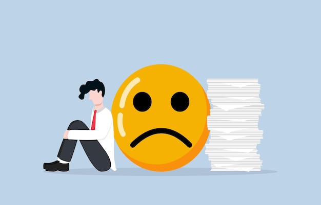 Vector depression from overwork concept, sad businessman sitting near negative emoji and stack of works.