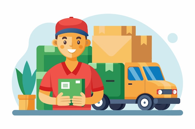 Vector design a flatstyle delivery driver with truck and parcels