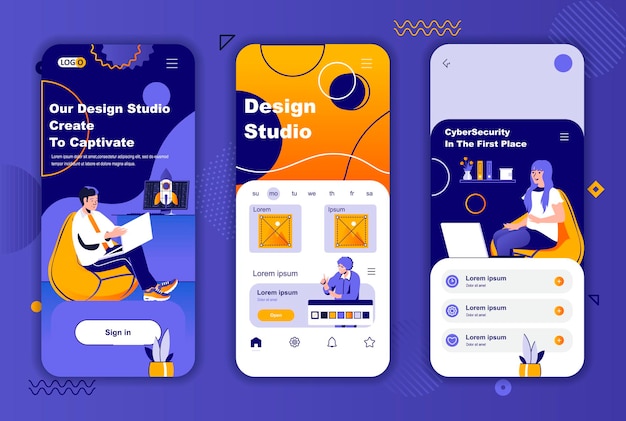 Design studio mobile app screens template for social networks stories