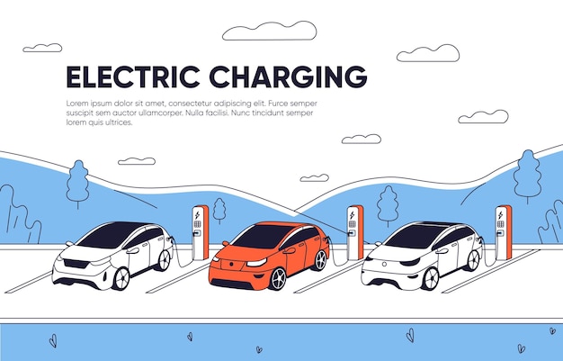 Vector design of web banner with electric cars chargers template of landing page of website with charging stations for automobiles refueling batteries of eco clean auto flat outline vector illustration