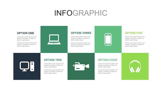 Desktop computer laptop video camera smartphone headphones icons Infographic design layout template Creative presentation concept with 5 steps