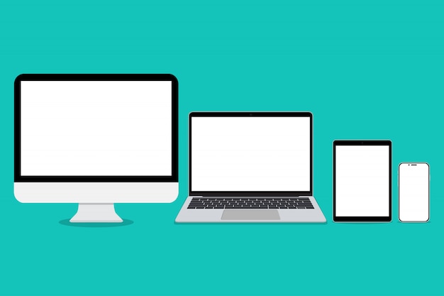 Vector desktop computer, tablet pc, laptop, smartphone in a flat design with blank screen