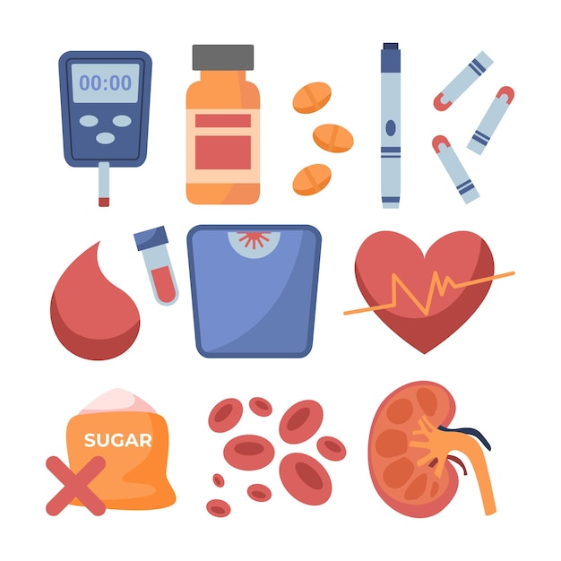 Vector diabetes flat vector elements set. diabetes equipment icon collection. healthcare prevention concept