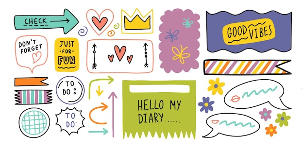 Vector diary bullet cute journal border elements note icon sticker for school vector illustration