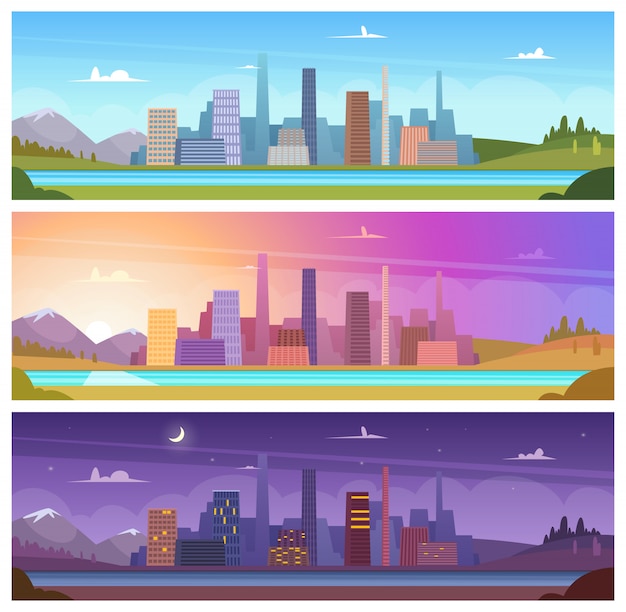 Vector different day time. night morning night day outdoor city landscape cartoon backgrounds
