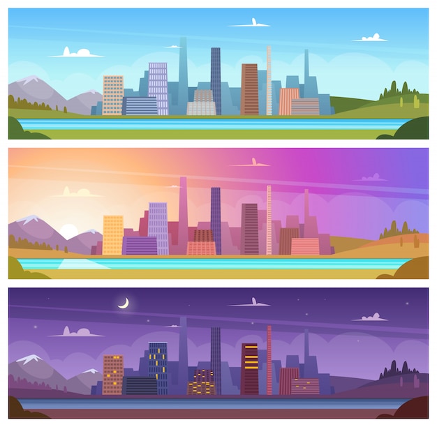 Different day time. Night morning night day outdoor city landscape cartoon backgrounds