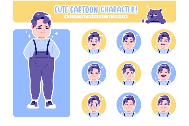 Vector different face emotion fat boy cartoon character collection 2