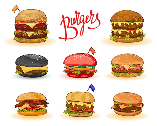 Different kinds of burgers with lettering