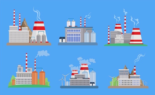 Different power plants or factories vector illustrations set