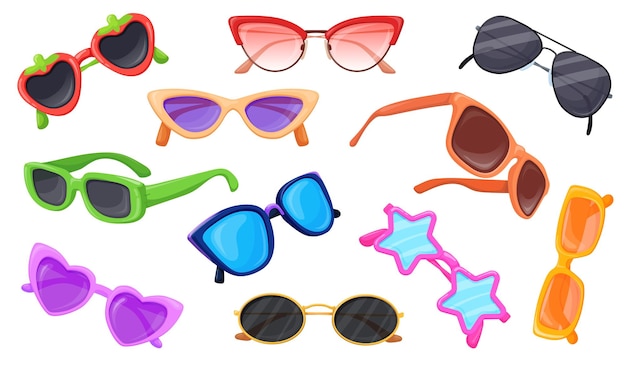 Different sunglasses Cartoon sun spectacles colorful glasses lens summer beach eye glass accessories metalic eyeglasses black eyewear aviator style neat specs vector illustration