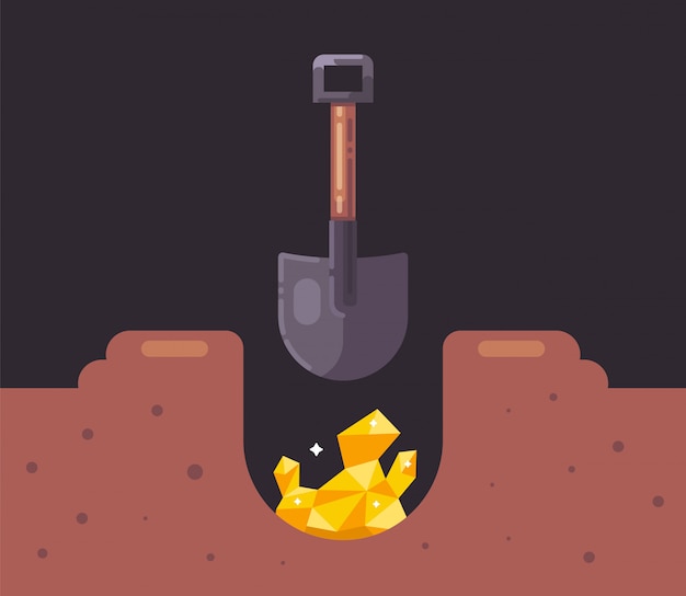 Vector dig a hole with a shovel and find gold. treasure hunt in the earth. flat illustration.