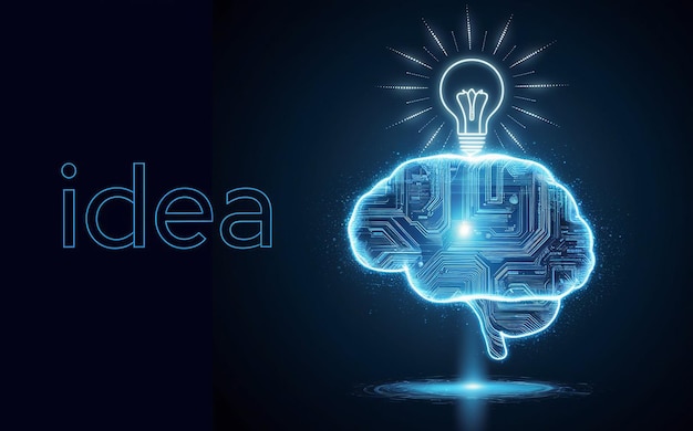 Vector digital illustration featuring a glowing blue brain and a light bulb