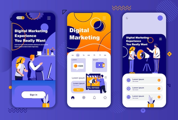 Digital marketing mobile app screens template for social networks stories