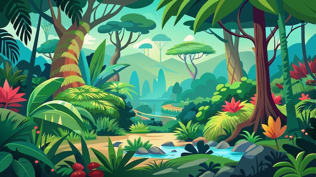 Vector a digital painting of a jungle with a pond and mountains in the background