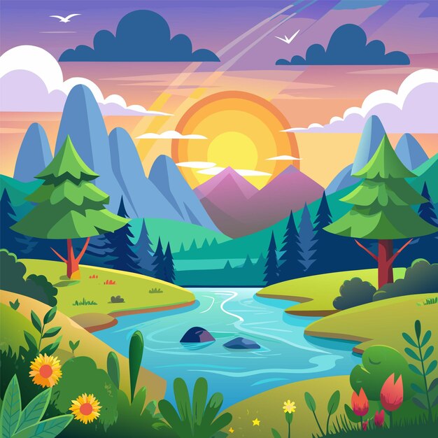 Vector a digital painting of a landscape with mountains and trees