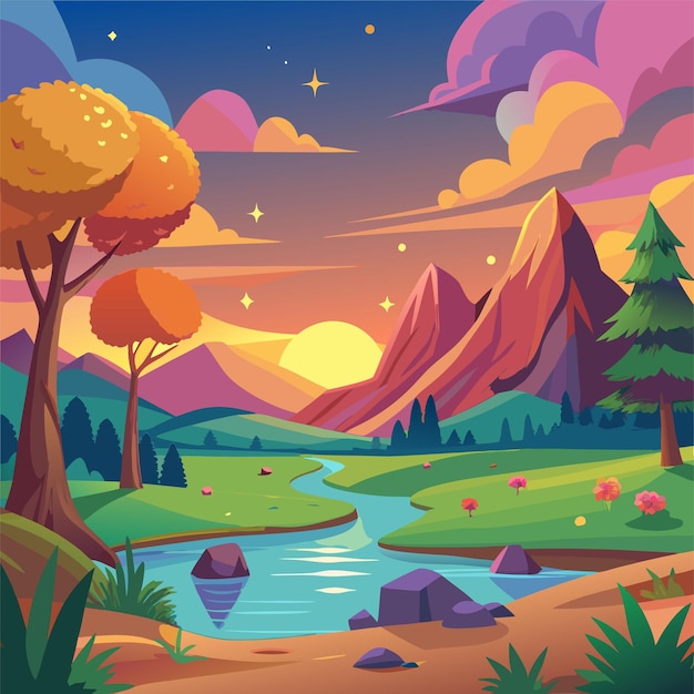 Vector a digital painting of a landscape with a river and mountains