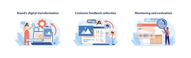 Vector digital transformation and feedback collection set engaging illustrations portraying a brands