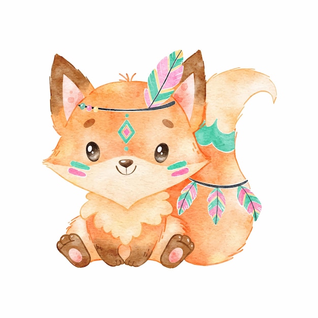 Vector digital watercolor digitally drawn illustration of a cute cartoon boho fox boho animals