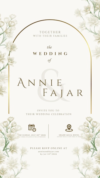 Vector digital wedding invitation with flower watercolor illustration premium vector