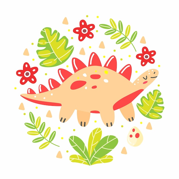 Dinosaur stegosaurus with leaves in a cute cartoon style in the shape of a circle