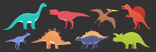 Dinosaurs vector Set isolated on dark Dinosaurs animal predators and herbivores Dino icons of triceratops tyrannosaurus and stegosaurus brontosaurus spinosaurus and velociraptor pteranodon