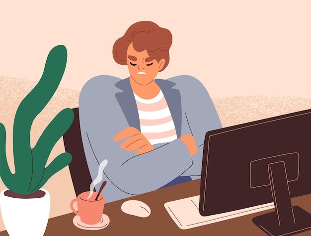 Discontent gloomy employee at workplace. Frowned negative office worker in bad mood. Unsmiling offended displeased disappointed person sabotaging, feeling work aversion. Flat vector illustration