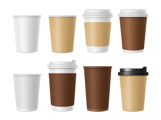 Vector disposable coffee cup, blank  of hot coffee white paper mug, realistic setof coffee cup 3d mockup