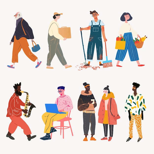 Vector diverse characters performing daily activities