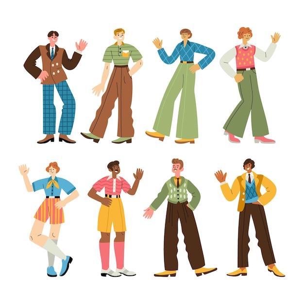 Vector diverse cheerful men in retro 1960s or 1970s clothes walking standing waving hands