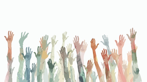 Vector diverse group of people raising hands together in mixed media handdrawn style