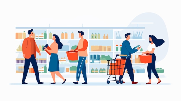 Vector diverse group of people selecting food in supermarket happy men and women shopping together