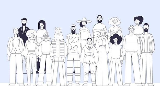 Vector diverse group of people standing together minimalistic line art style various outfits and hairstyles modern fashion community concept