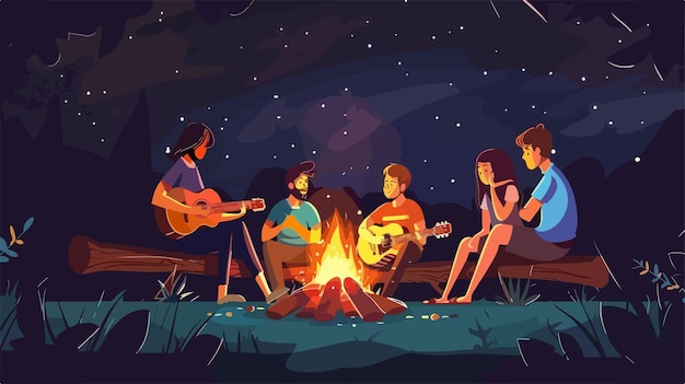 Vector diverse group of young people relaxing around campfire at night