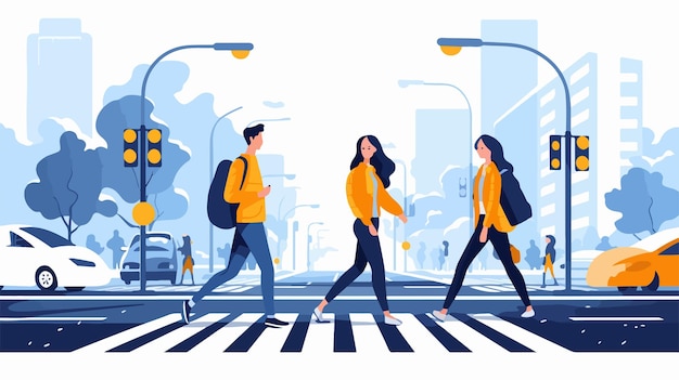 Vector diverse people crossing road together urban lifestyle concept