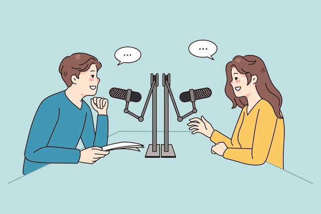 Vector diverse people talk in microphones at radio