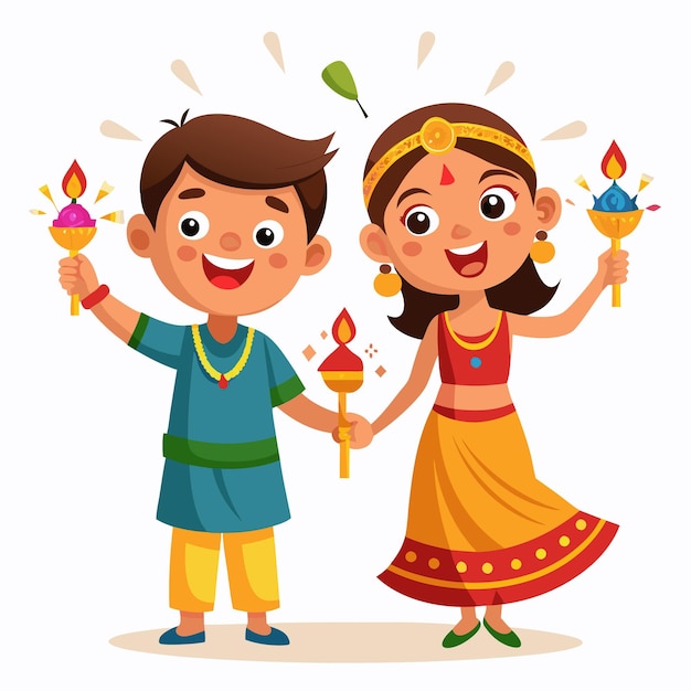 Vector diwalideepavali vector illustration with cute indian kids enjoying firecracker