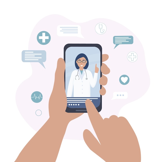 The doctor on the cell phone screen talks online with the patient Video communication and messages