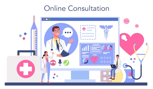 Doctor online service or platform Medicine treatment expertize and diagnostic Medical consultation and recovery Online consultation Isolated vector illustration